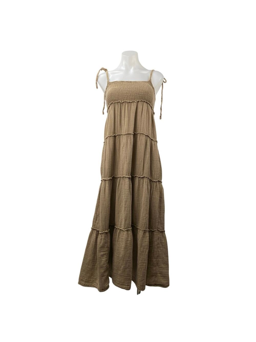 Collusion Women's Brown Tan Smocked Sleeveless Cami Tiered Sundress Maxi Dress 2